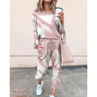 Tie Dye Print Top & Drawstring Pants Set - coffee