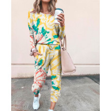 Tie Dye Print Top & Drawstring Pants Set - yellow