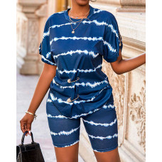 Tie Dye Print Top & High Waist Shorts Set - dark blue