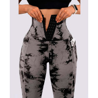 Tie Dye Print Tummy Control Butt Lifting Pocket Design Yoga Pants - gray