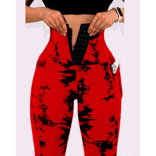 Tie Dye Print Tummy Control Butt Lifting Pocket Design Yoga Pants - red