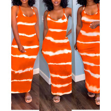 Tie Dye Print U-Neck Sleeveless Casual Dress - orange