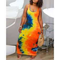 Tie Dye Print U-Neck Sleeveless Maxi Dress - orange