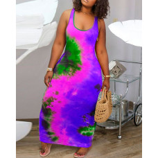 Tie Dye Print U-Neck Sleeveless Maxi Dress - purple