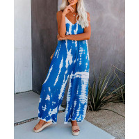 Tie Dye Print V-neck Casual Jumpsuit - blue