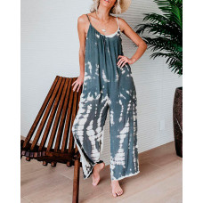 Tie Dye Print V-neck Casual Jumpsuit - gray