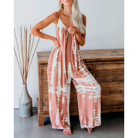 Tie Dye Print V-neck Casual Jumpsuit - pink