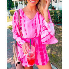 Tie Dye Print V-neck Casual Romper - hot pink