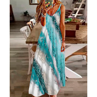 Tie Dye Print V-Neck Sleeveless Maxi Dress - blue