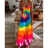 Tie Dye Print V-Neck Spaghetti Strap Maxi Dress - Multicolor