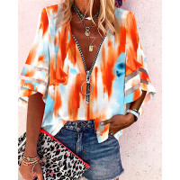 Tie Dye Print Zip Front Bell Sleeve Top - Multicolor