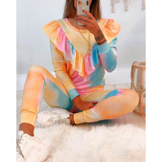 Tie Dye Ruffle Hem Top & Pants Set - Multicolor