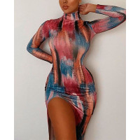 Tie Dye Split Thigh Bodycon Dress - Multicolor