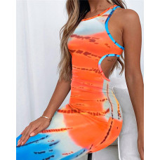 Tie Dyed Hollow-out Backless Buttock Sleeveless Midi Dress - Multicolor