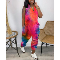 Tie Dyed Straight Long Large Jumpsuit - hot pink