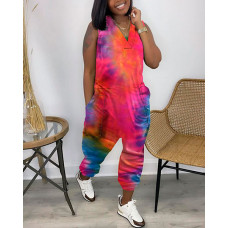 Tie Dyed Straight Long Large Jumpsuit - hot pink