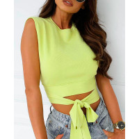 Tie Front Backless Knit Crop Top - green