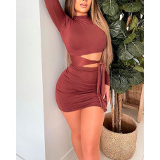 Tie Front Cutout Long Sleeve Bodycon Dress - brown