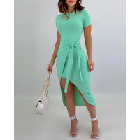 Tie Front Ribbed Bodycon Dress - green