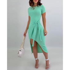 Tie Front Ribbed Bodycon Dress - green