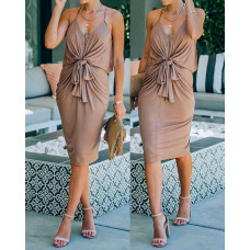 Tie Front Twisted Spaghetti Strap Casual Dress - Apricot