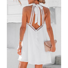 Tie Neck Backless Sleeveless Casual Dress - white