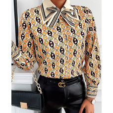 Tie Neck Graphic Print Long Sleeve Blouse - Multicolor