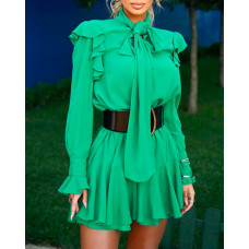 Tie Neck Ruffles Trim Long Sleeve Casual Dress - green