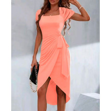 Tied Detail Asymmetrical Ruched Wrap Casual Dress - pink