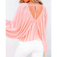 Tied Detail Backless Ruched Batwing Sleeve Top - pink