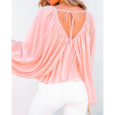 Tied Detail Backless Ruched Batwing Sleeve Top - pink