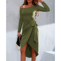 Tied Detail Chain Decor Casual Dress - Army green