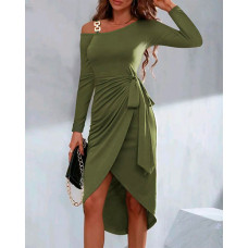 Tied Detail Chain Decor Casual Dress - Army green