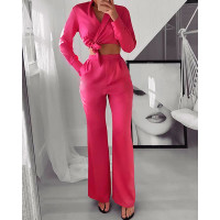 Tied Detail Crop Blazer & Bootcut Pants Set - hot pink