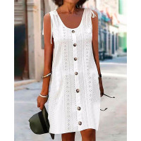 Tied Detail Eyelet Embroidery Casual Dress - white