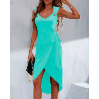 Tied Detail Eyelet Sleeveless Casual Dress - turquoise blue