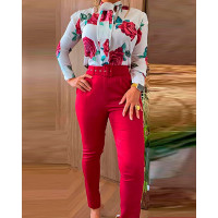 Tied Detail Floral Print Top & Pocket Design Pants Set - red