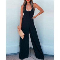 Tied Detail Halter Backless Jumpsuit - black