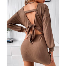 Tied Detail Long Sleeve Backless Bodycon Dress - khaki