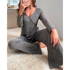 Tied Detail Long Sleeve Pajamas Set - gray