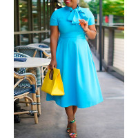 Tied Detail Ruched Short Sleeve Casual Dress - blue