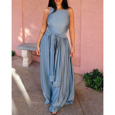 Tied Detail Ruched Sleeveless Casual Jumpsuit - blue