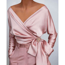 Tied Detail Satin Long Sleeve Top - pink