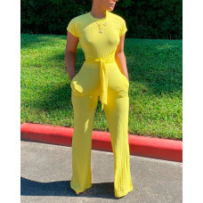 Tied Detail Short Sleeve Ribbed Jumpsuit - yellow