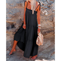 Tied Detail Spaghetti Strap Frill Hem Casual Dress - black