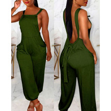 Tied Detail Square Neck Backless Suspender Jumpsuit - Army green