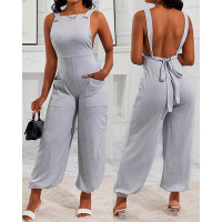 Tied Detail Square Neck Backless Suspender Jumpsuit - gray