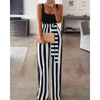 Tied Detail Striped Print Colorblock Jumpsuit - black