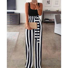 Tied Detail Striped Print Colorblock Jumpsuit - black