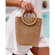 Tied Detail Top Handle Square Crossbody Straw Bag - coffee